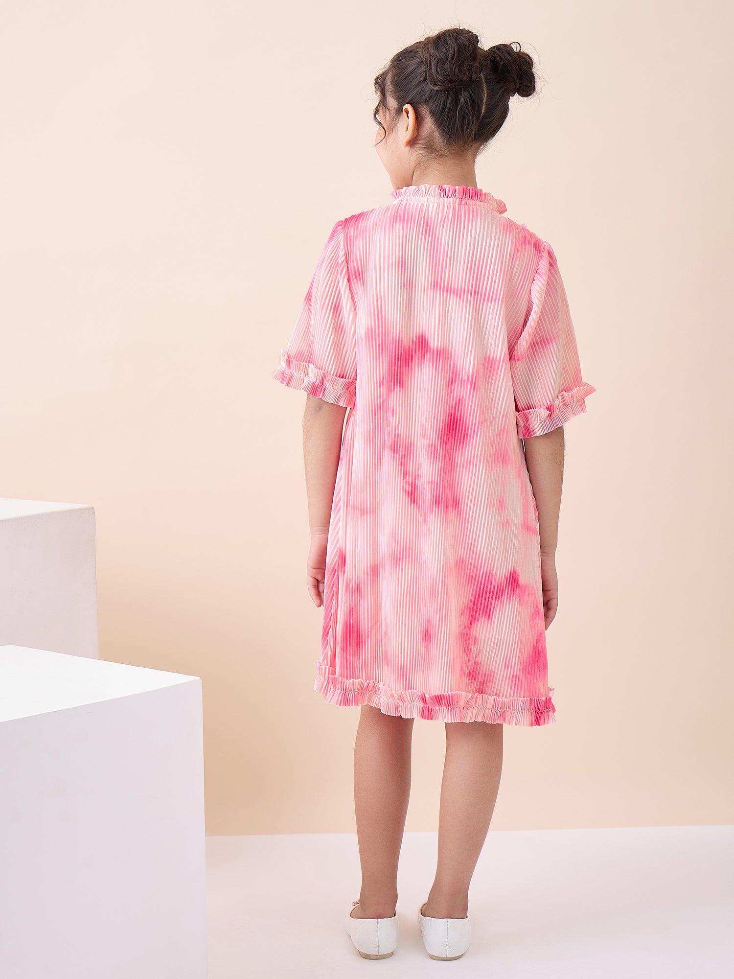 Girls Knee Length All over Print Dress - Pink