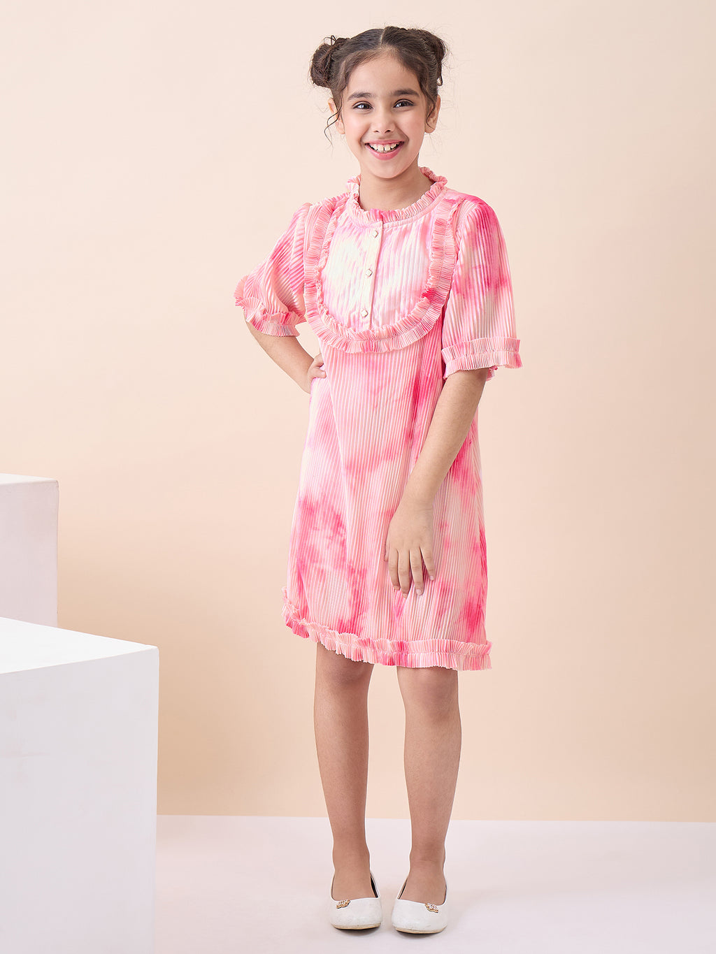 Girls Knee Length All over Print Dress - Pink