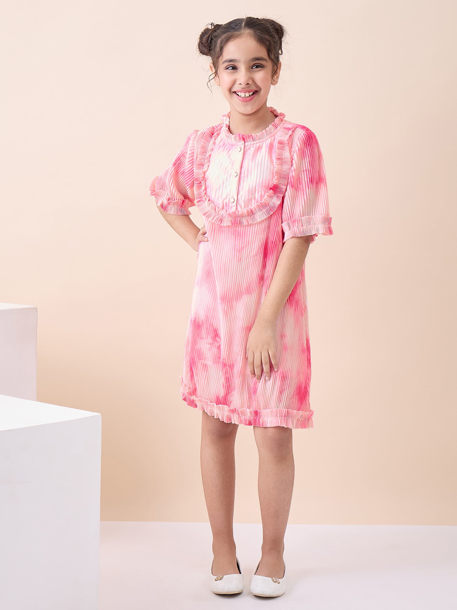 Girls Knee Length All over Print Dress - Pink