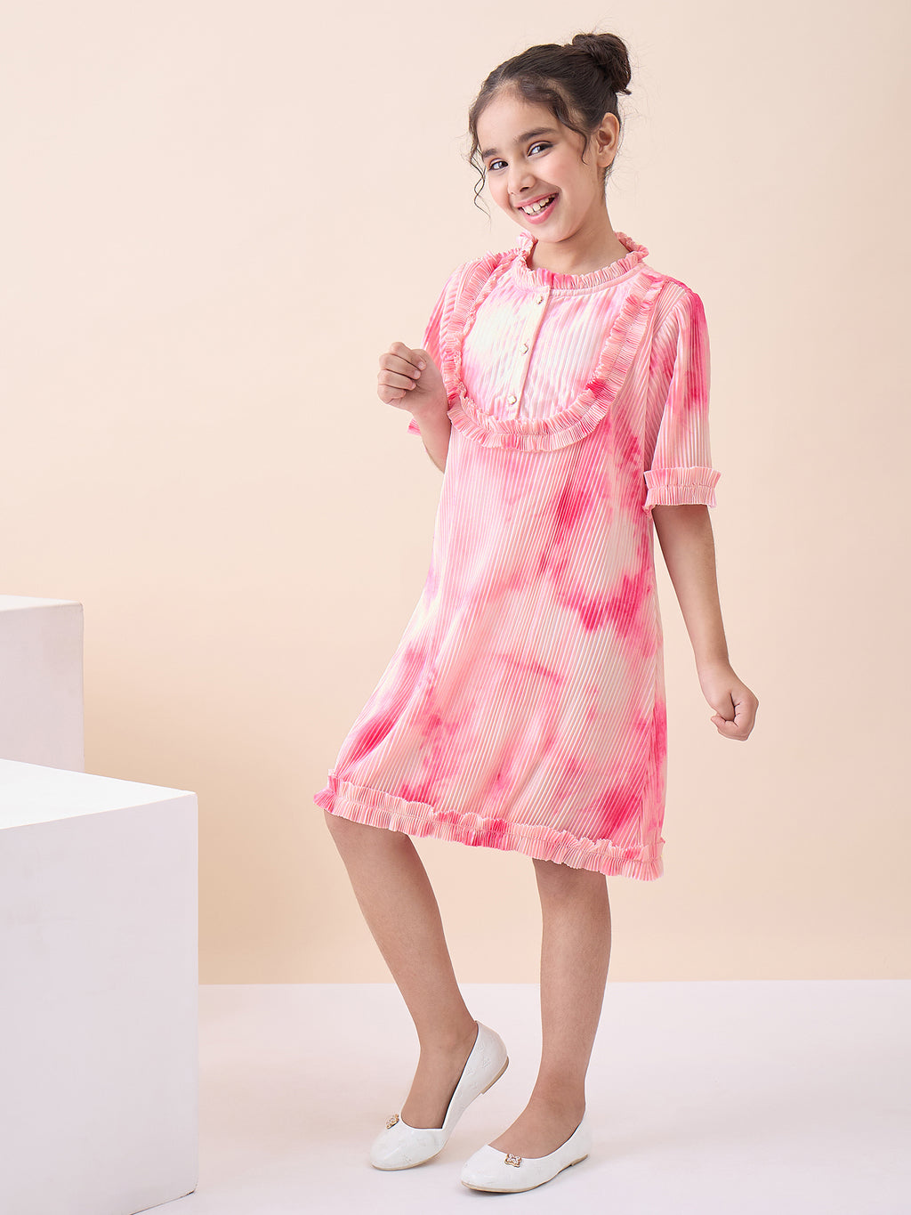 Girls Knee Length All over Print Dress - Pink