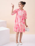 Girls Knee Length All over Print Dress - Pink