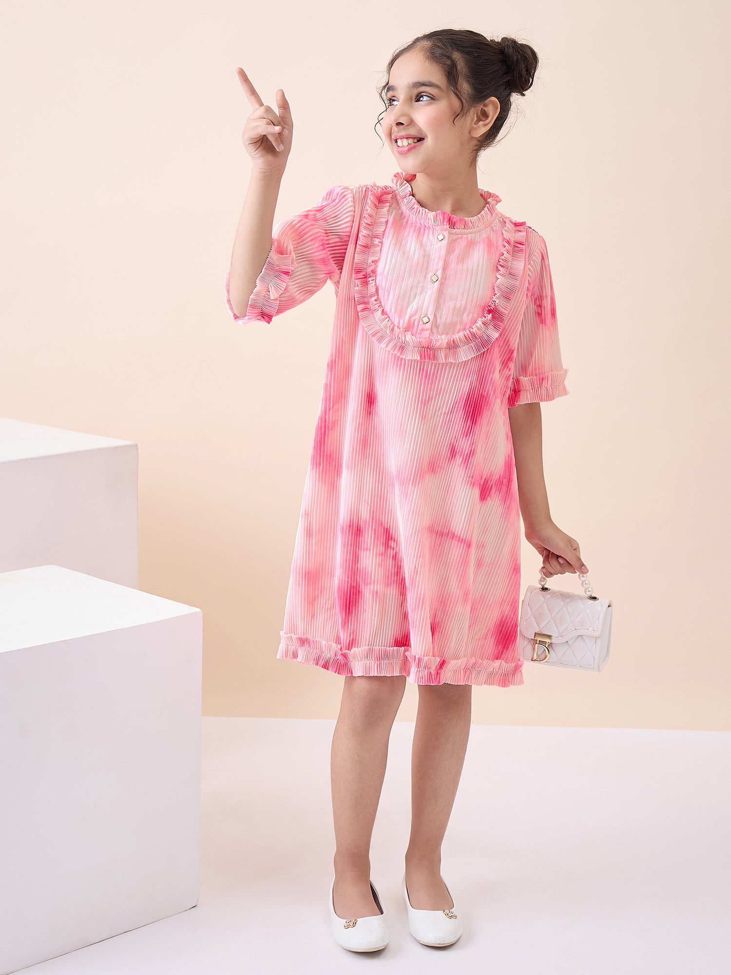Girls Knee Length All over Print Dress - Pink