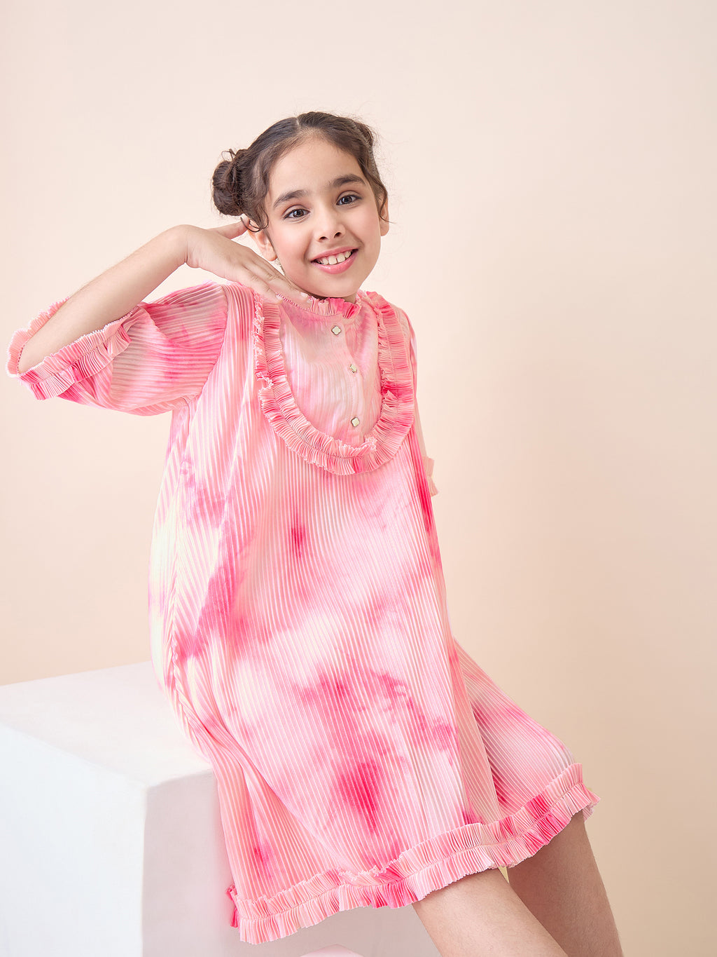 Girls Knee Length All over Print Dress - Pink