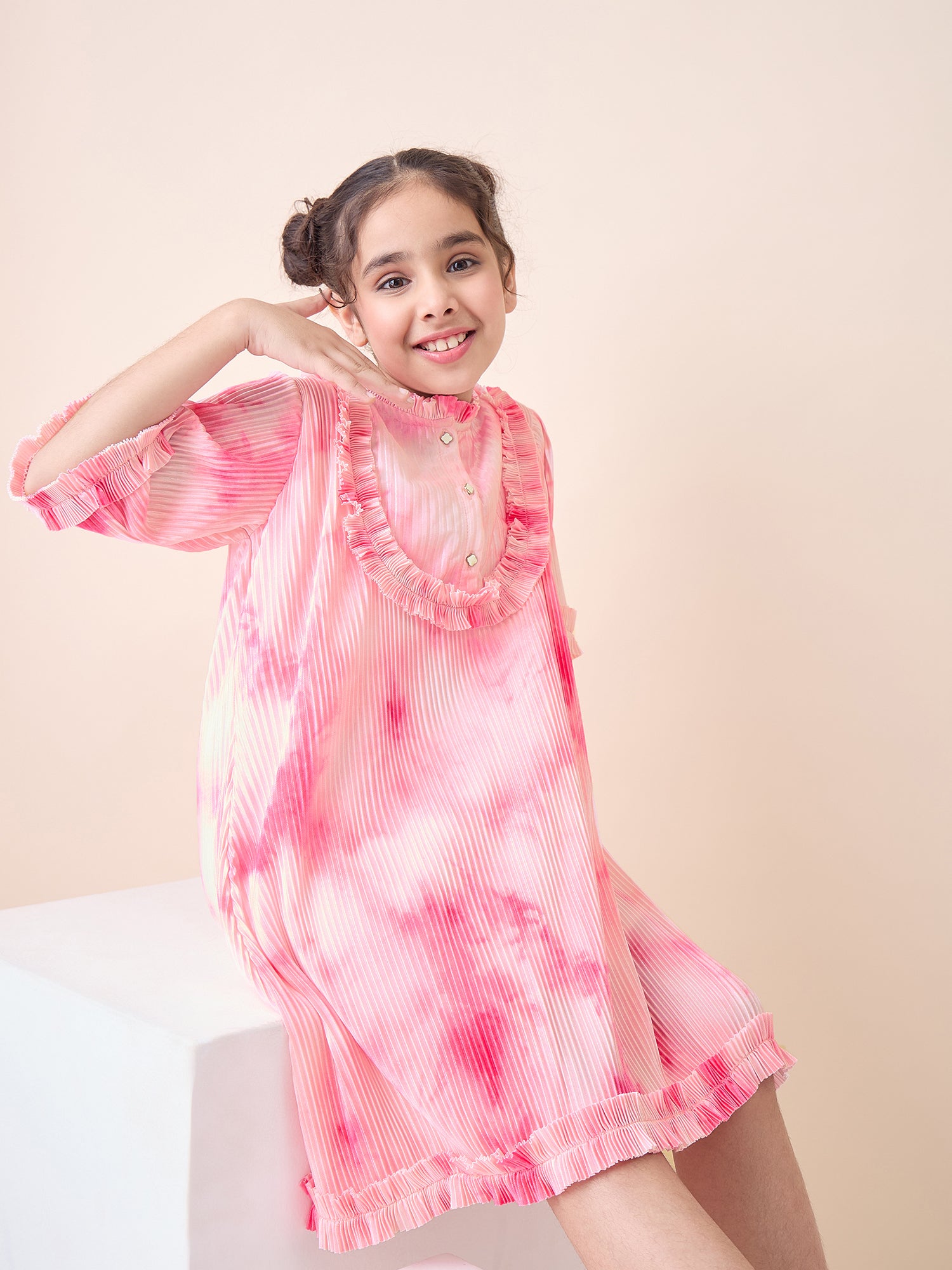 Girls Knee Length All over Print Dress - Pink