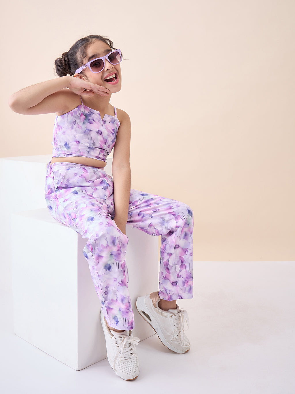 Girls Ankle Length All over Print Top With Pants - Lavender