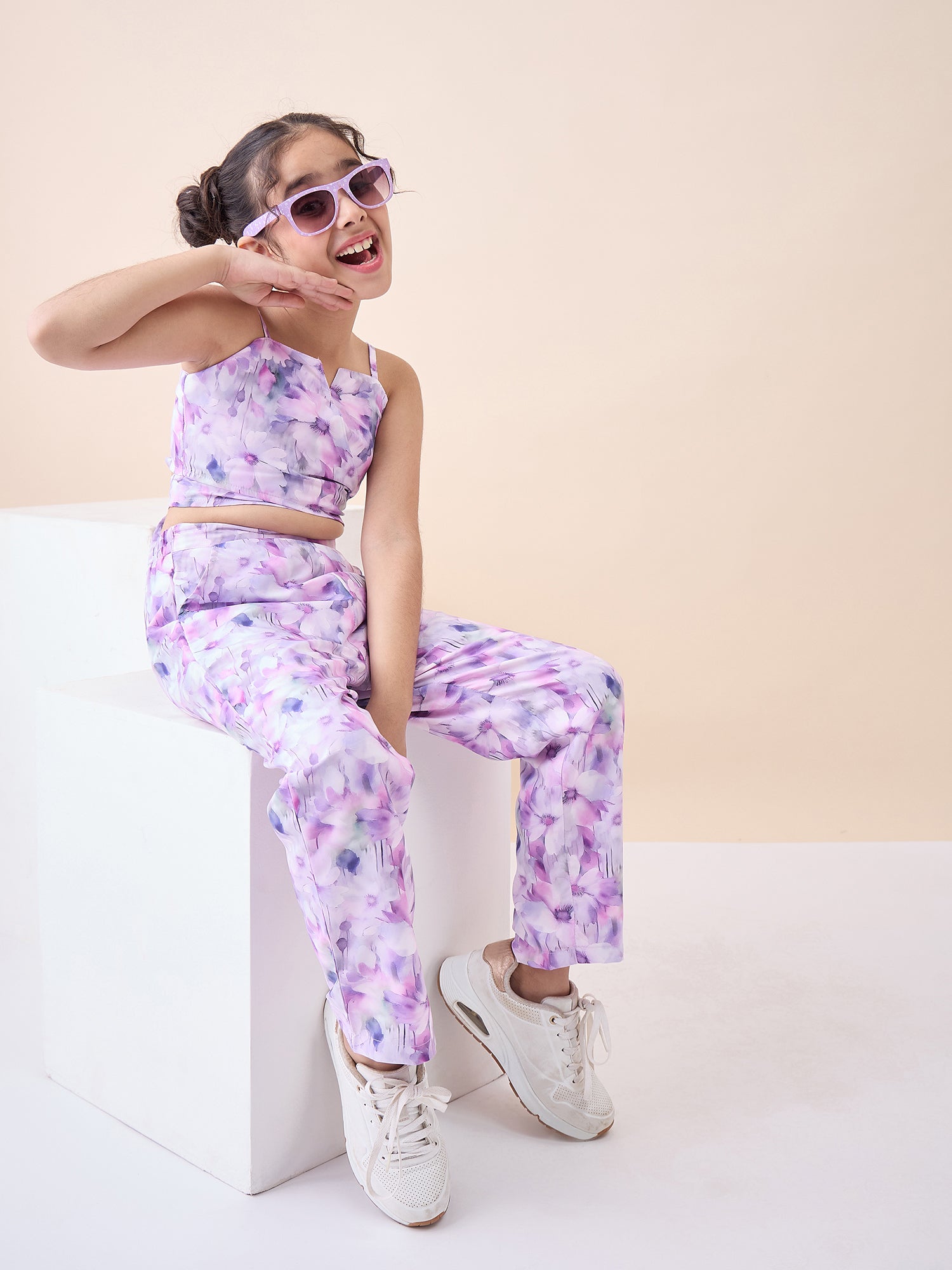Girls Ankle Length All over Print Top With Pants - Lavender