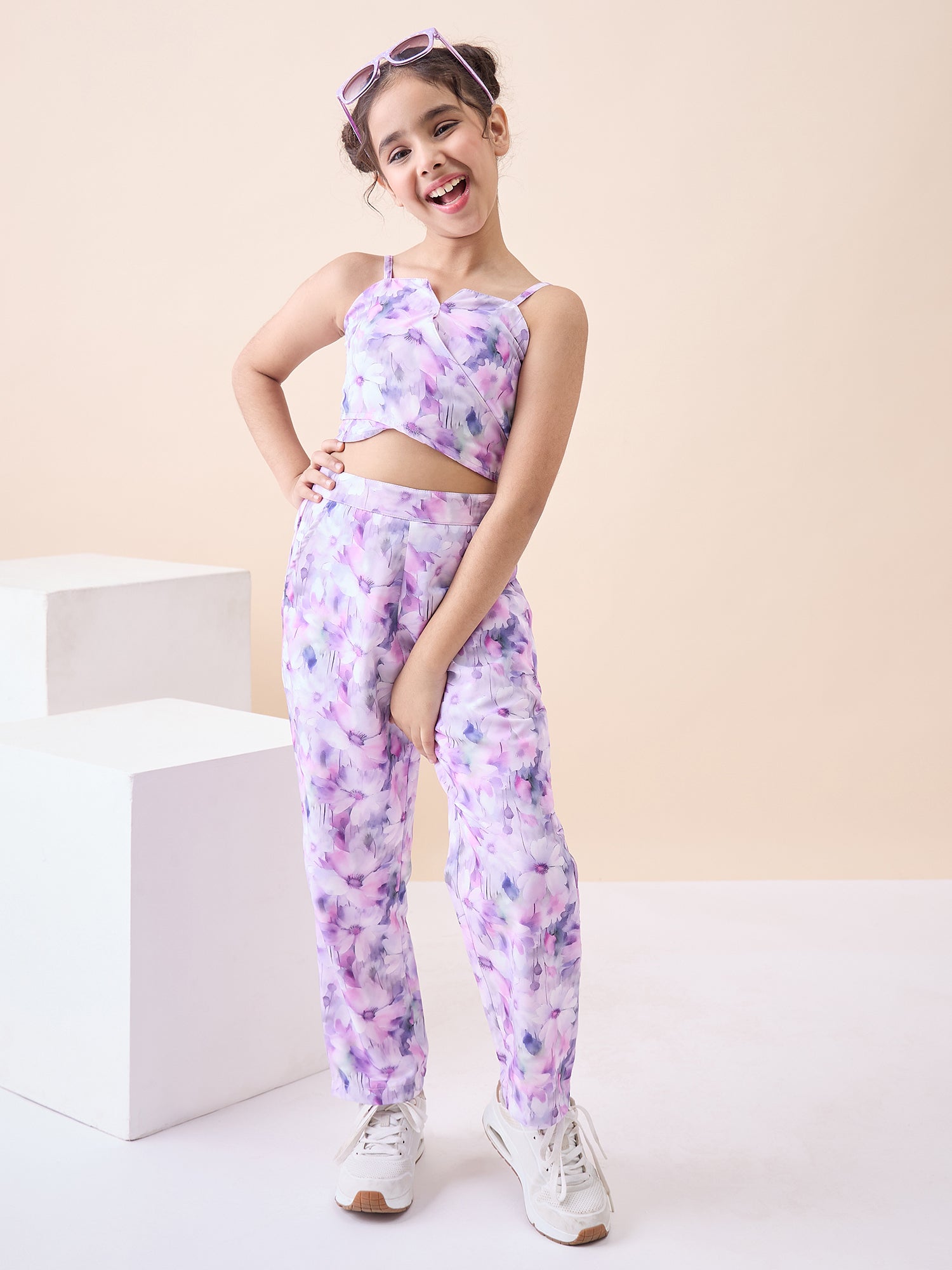 Girls Ankle Length All over Print Top With Pants - Lavender
