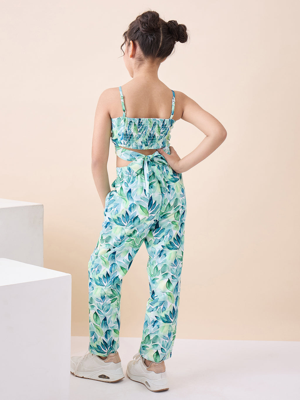 Girls Knee Length All over Print Top With Pants - Green