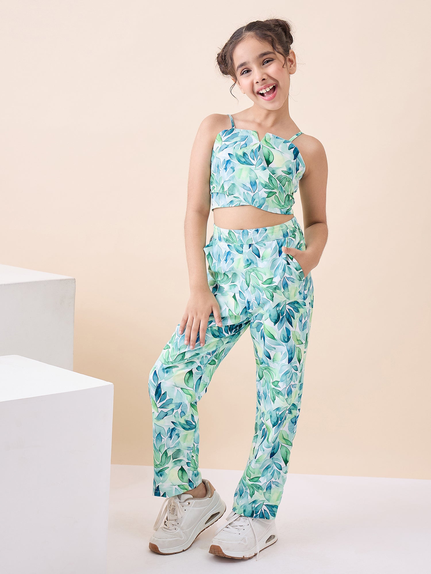 Girls Knee Length All over Print Top With Pants - Green