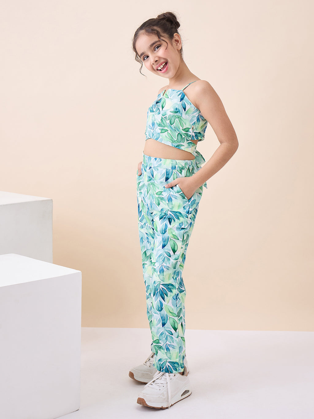 Girls Knee Length All over Print Top With Pants - Green