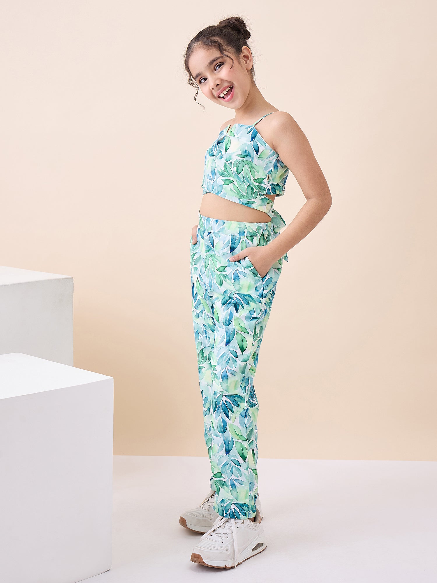 Girls Knee Length All over Print Top With Pants - Green