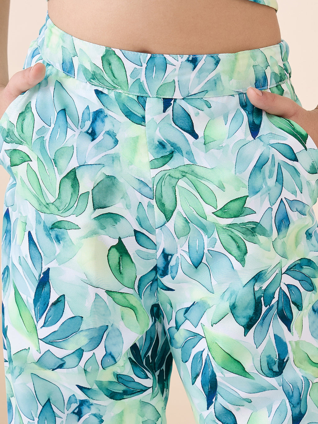 Girls Knee Length All over Print Top With Pants - Green