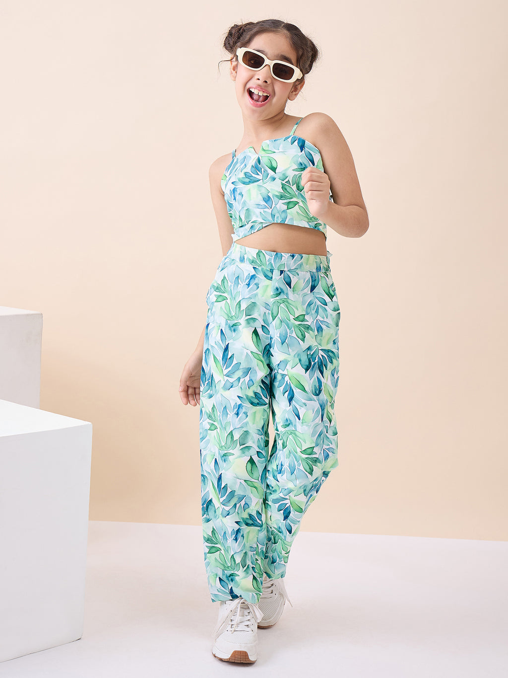 Girls Knee Length All over Print Top With Pants - Green