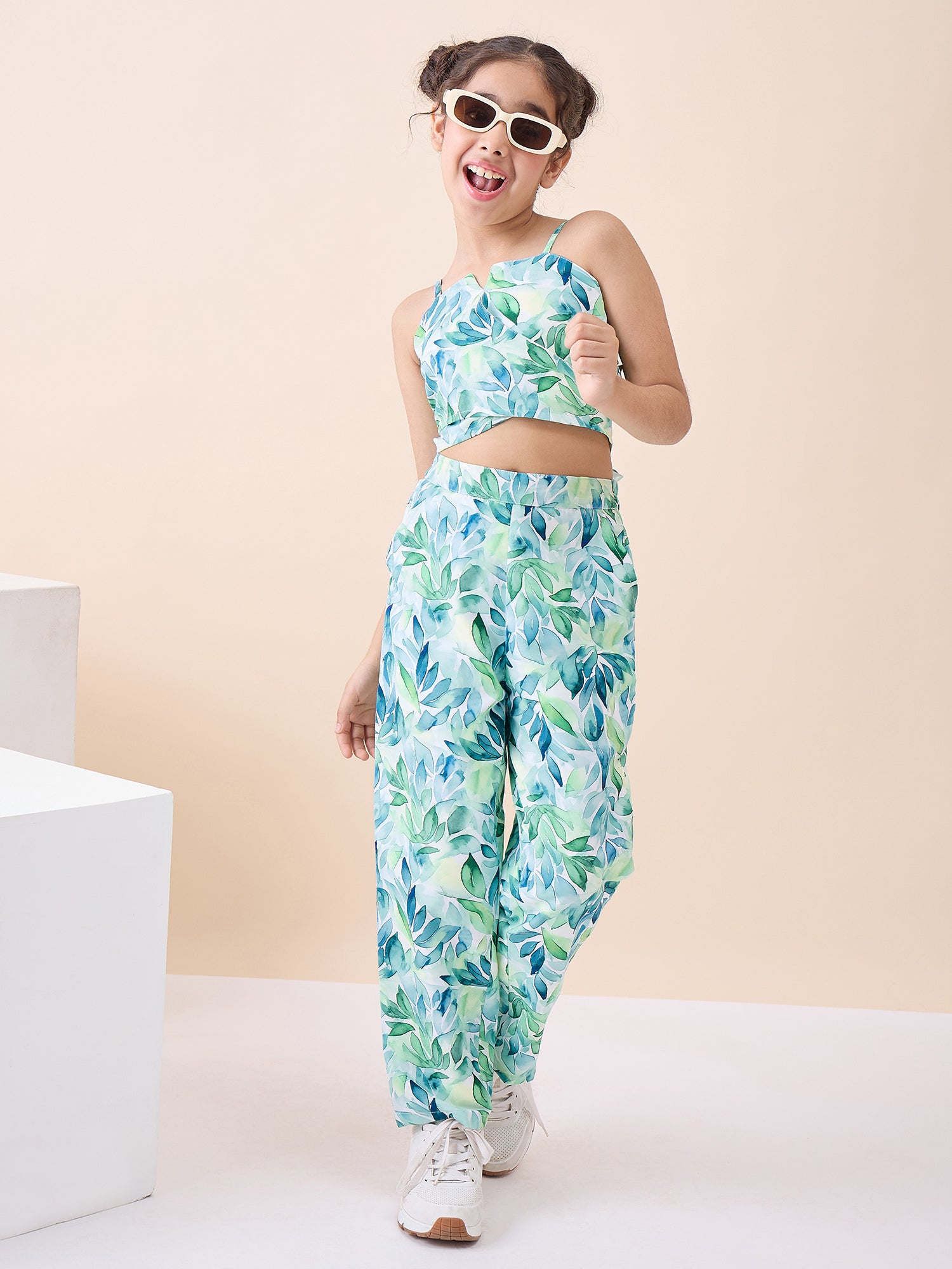 Girls Knee Length All over Print Top With Pants - Green