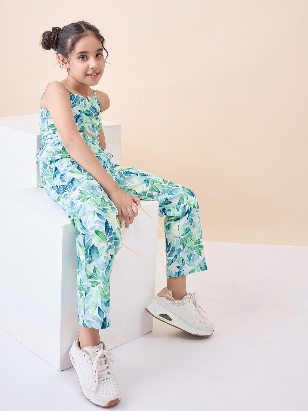 Girls Knee Length All over Print Top With Pants - Green