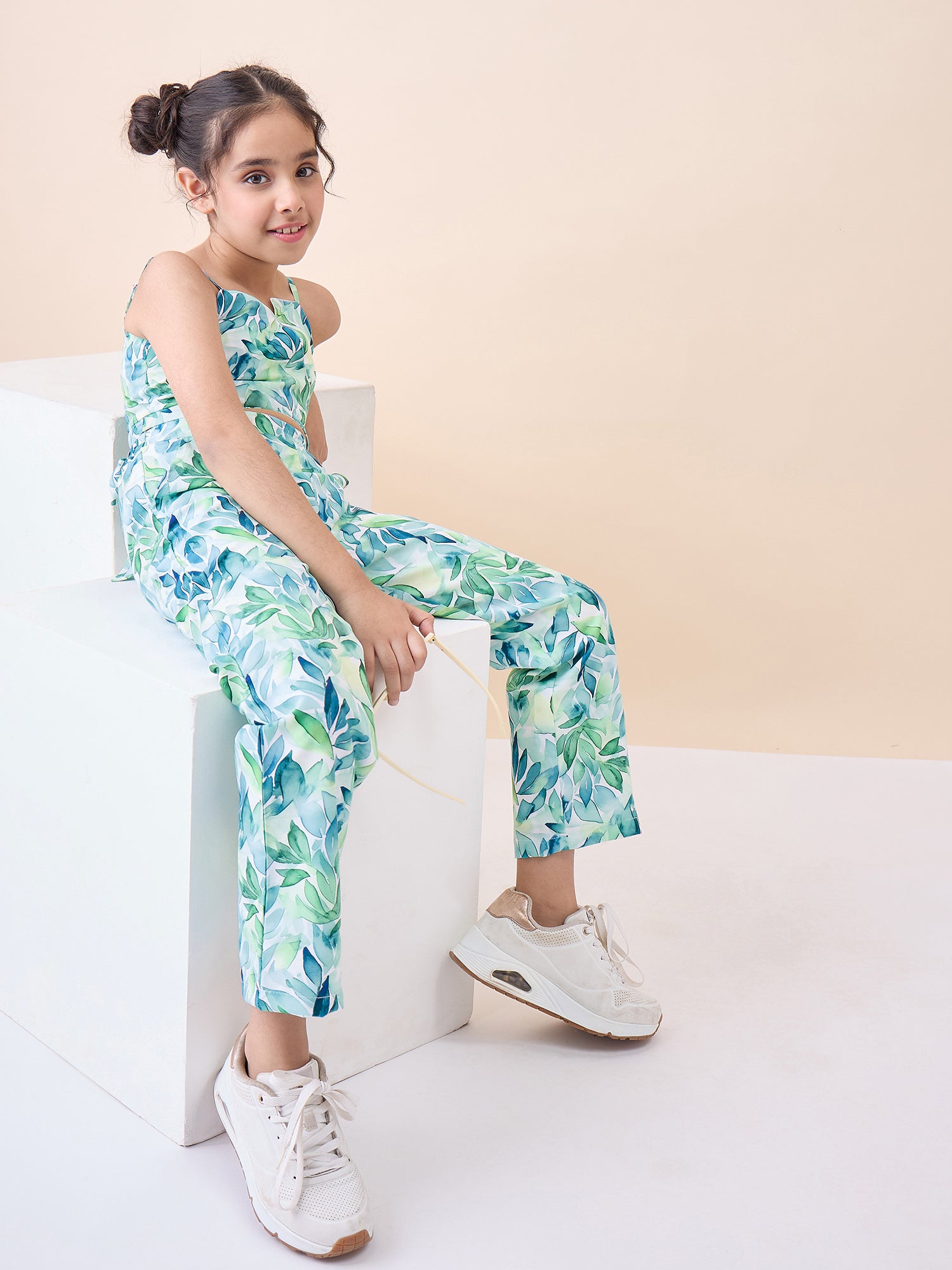 Girls Knee Length All over Print Top With Pants - Green