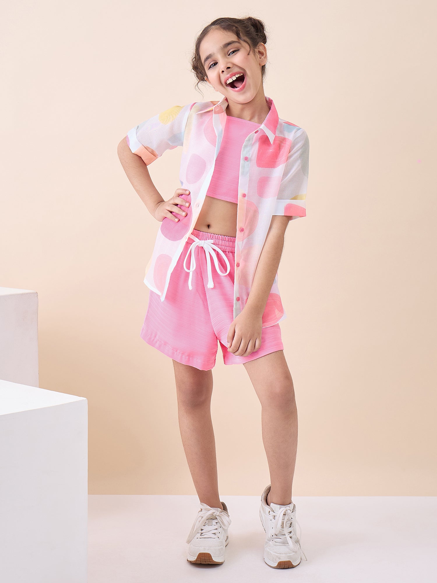 Girls Above Knee All over Print Top with Shorts - Pink