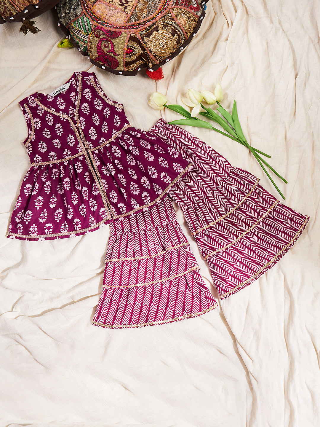 Girls Above Knee Printed Kurti Set - Purple