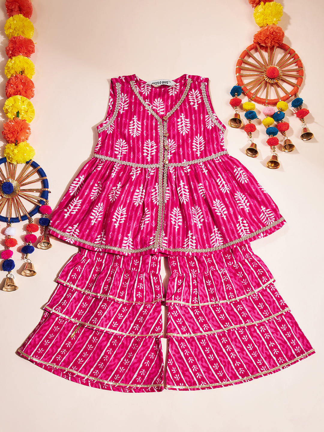 Girls Above Knee Printed Kurti Set - Pink