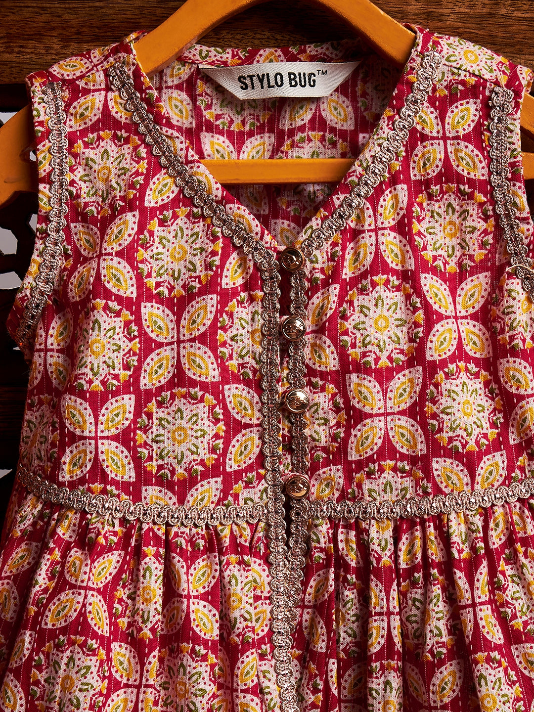 Girls Above Knee Printed Kurti Set - Red