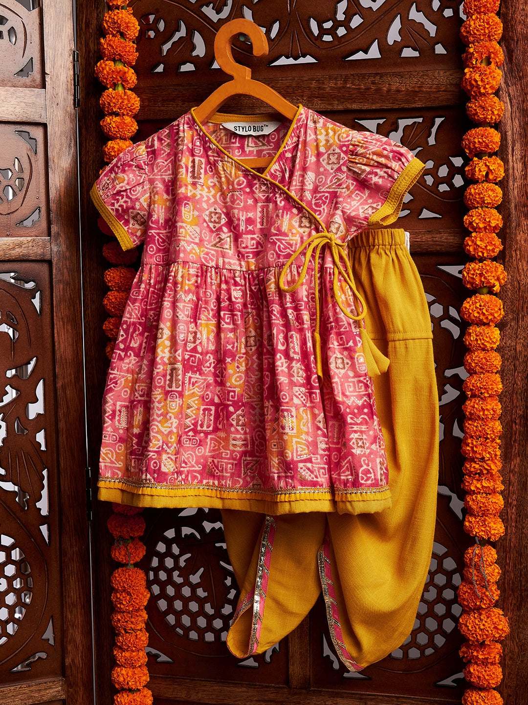 Girls Above Knee Printed Kurti Set - Pink