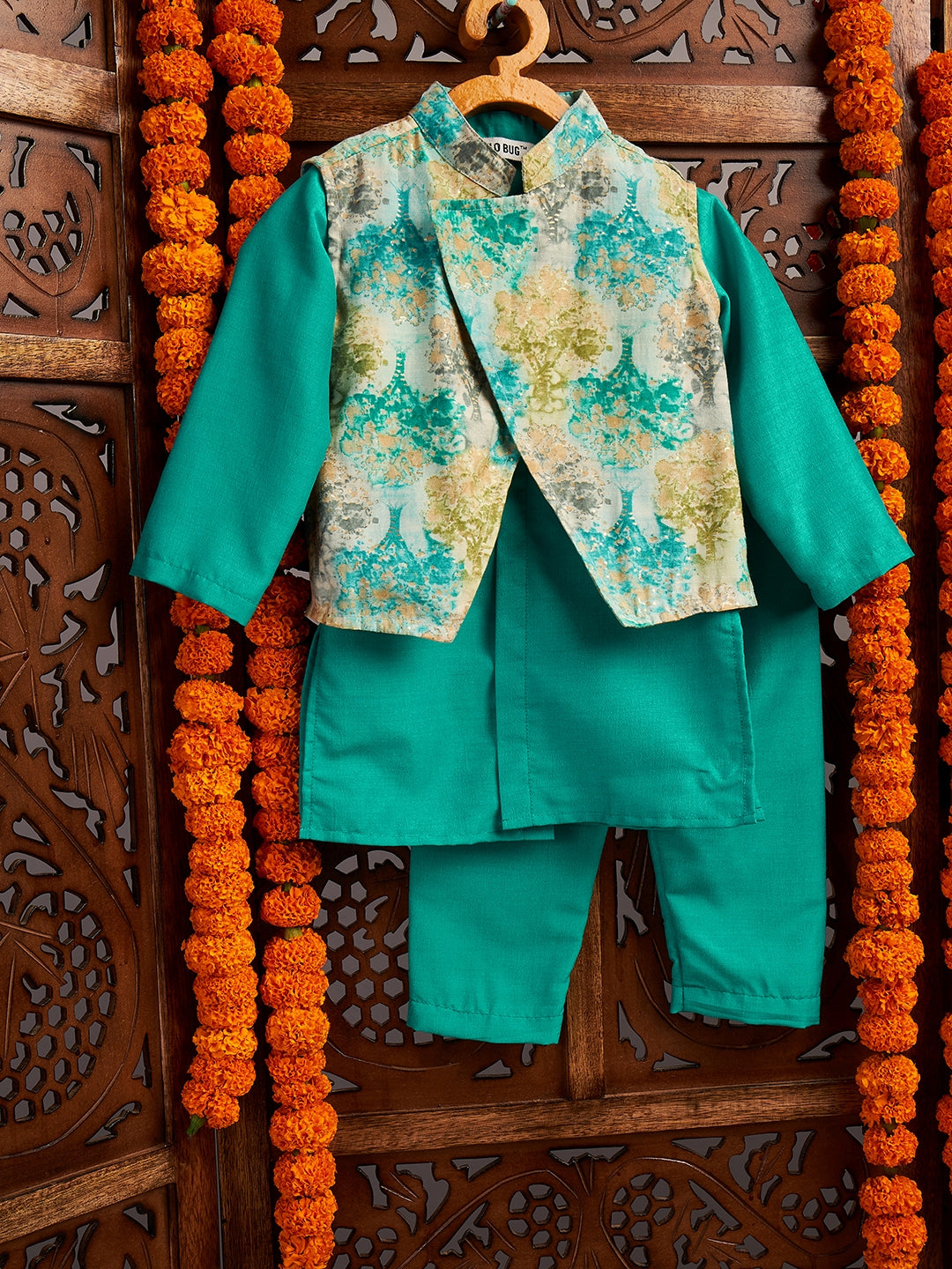 Boys Ankle Length Printed Kurta Set - Green