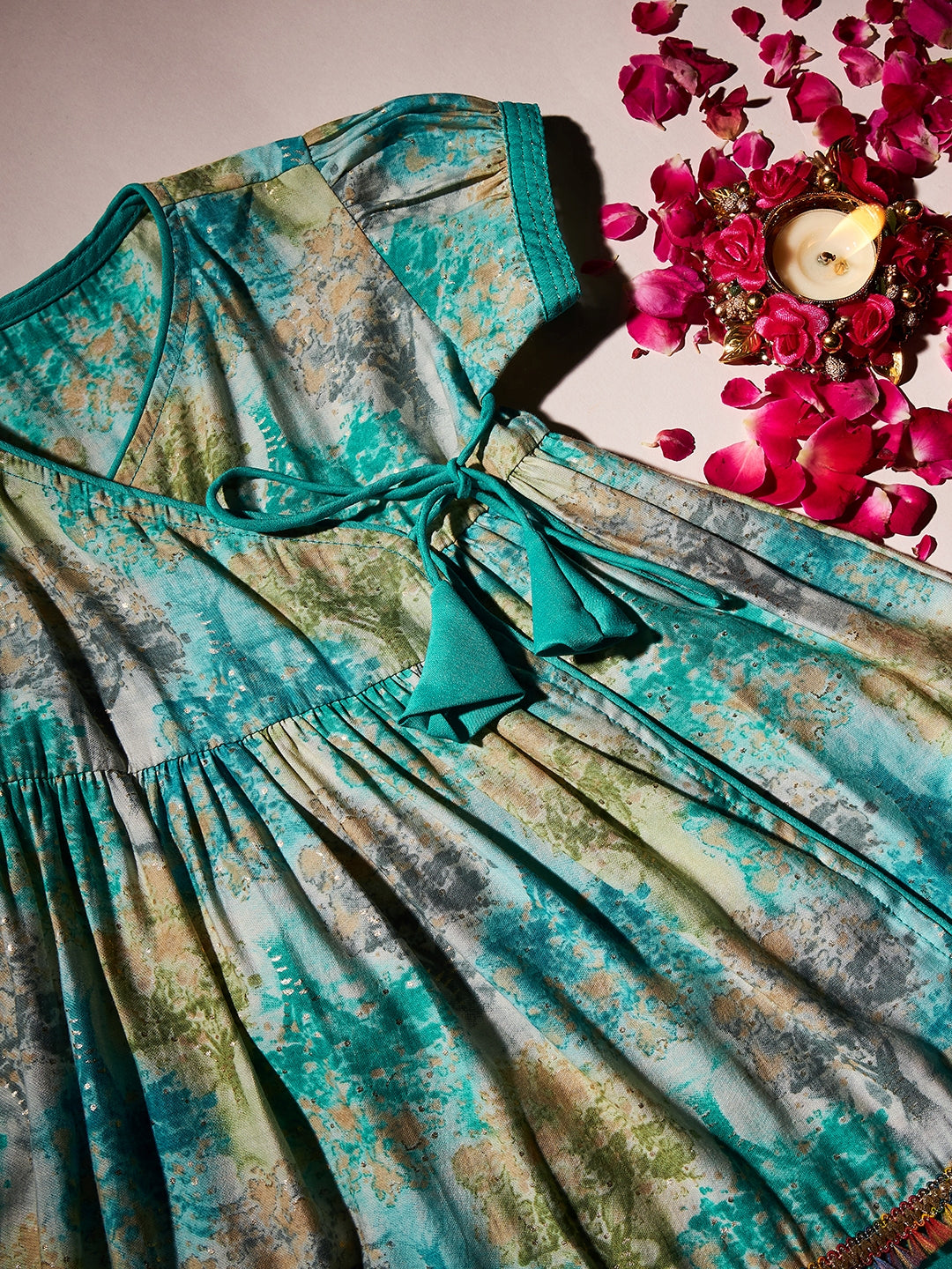 Girls Above Knee Printed Kurti Set - Green