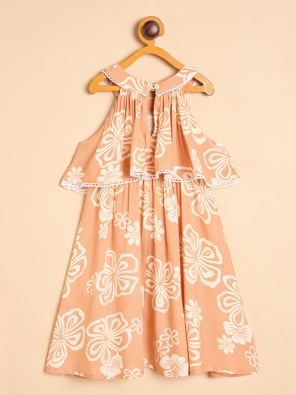 Girls Knee Length All over Print Dress - Peach