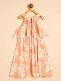 Girls Knee Length All over Print Dress - Peach