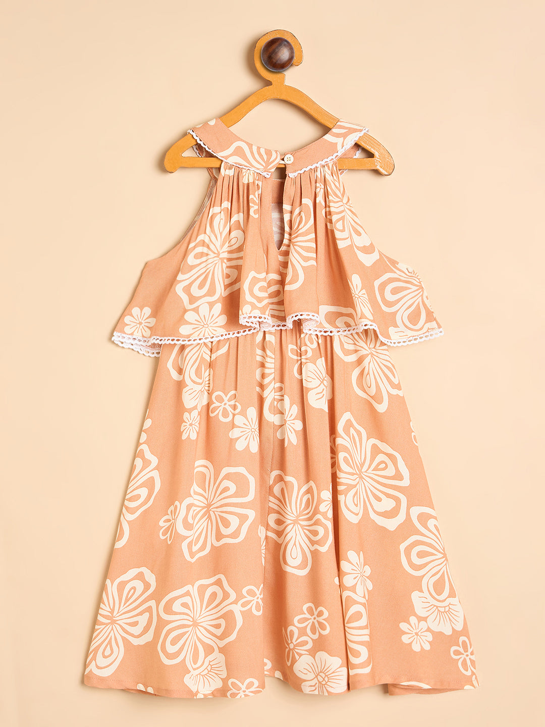 Girls Knee Length All over Print Dress - Peach