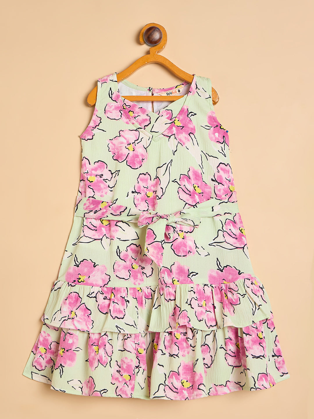 Girls Knee Length All over Print Dress - Green