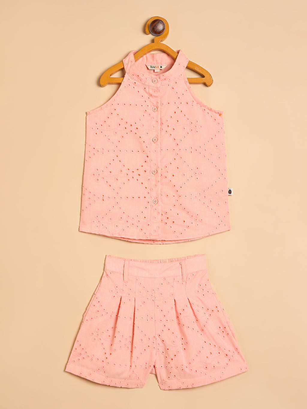 Girls Above Knee Embroidery Top with Shorts - Peach