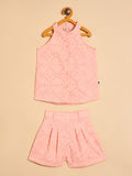 Girls Above Knee Embroidery Top with Shorts - Peach