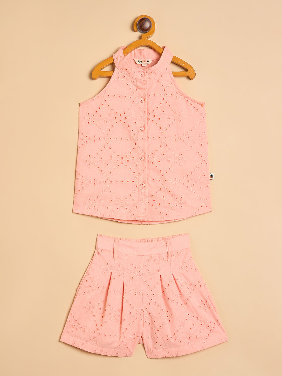 Girls Above Knee Embroidery Top with Shorts - Peach