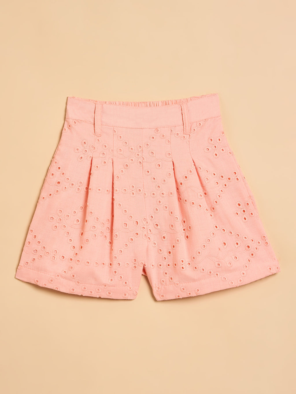 Girls Above Knee Embroidery Top with Shorts - Peach