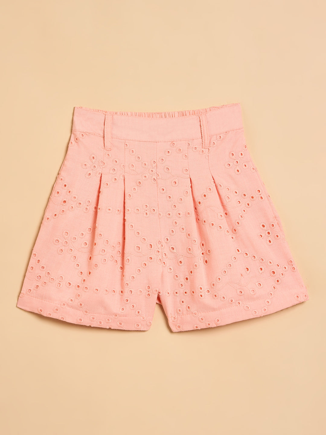 Girls Above Knee Embroidery Top with Shorts - Peach