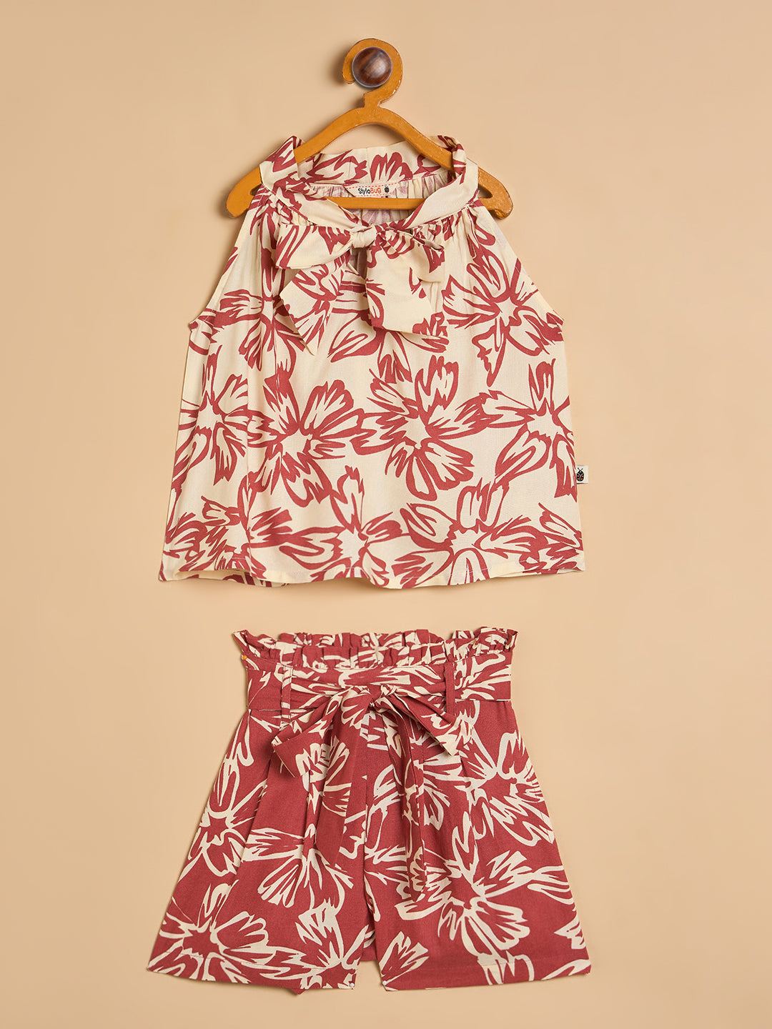 Girls Above Knee All over Print Top With Shorts - Brown