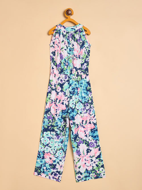 Girls Ankle Length All over Print Jumpsuit - Blue