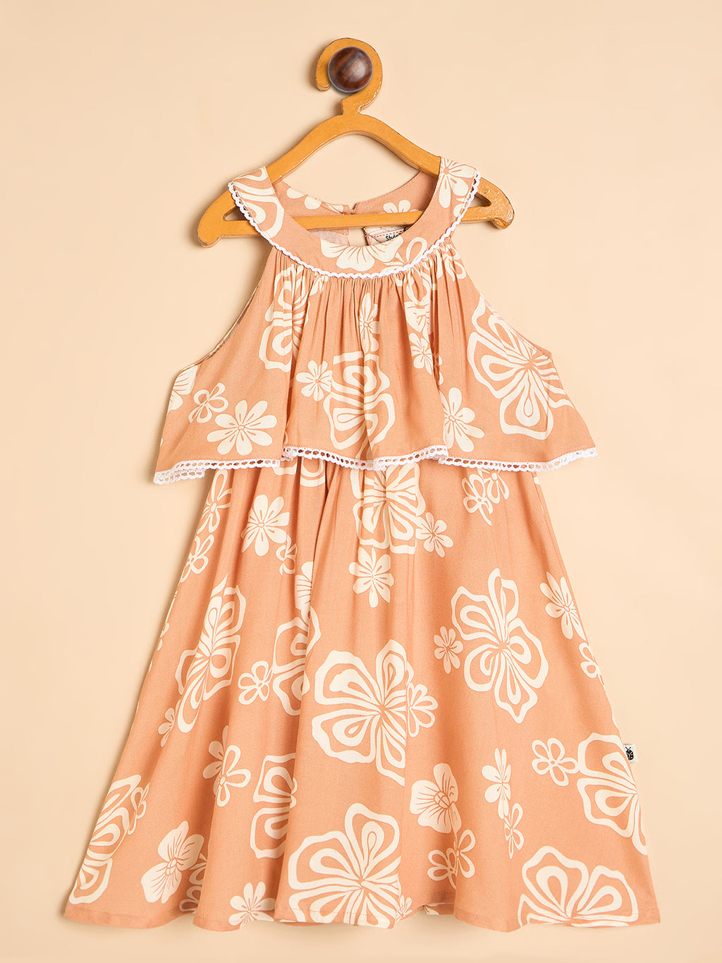 Girls Knee Length All over Print Dress - Peach