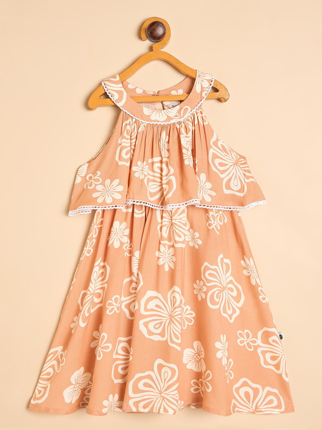 Girls Knee Length All over Print Dress - Peach