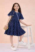Girls Knee Length All over Print Dress - Navy Blue