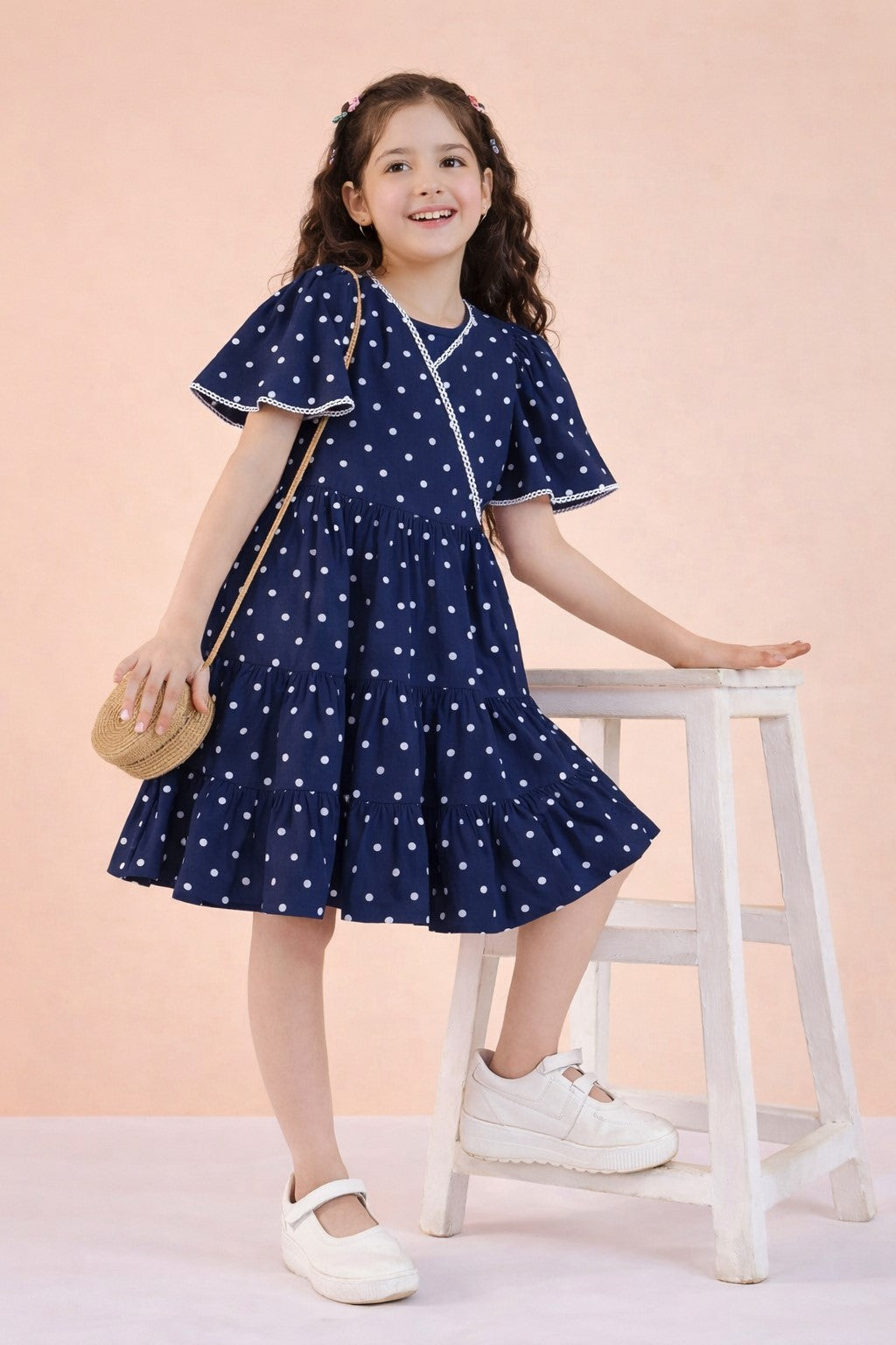Girls Knee Length All over Print Dress - Navy Blue
