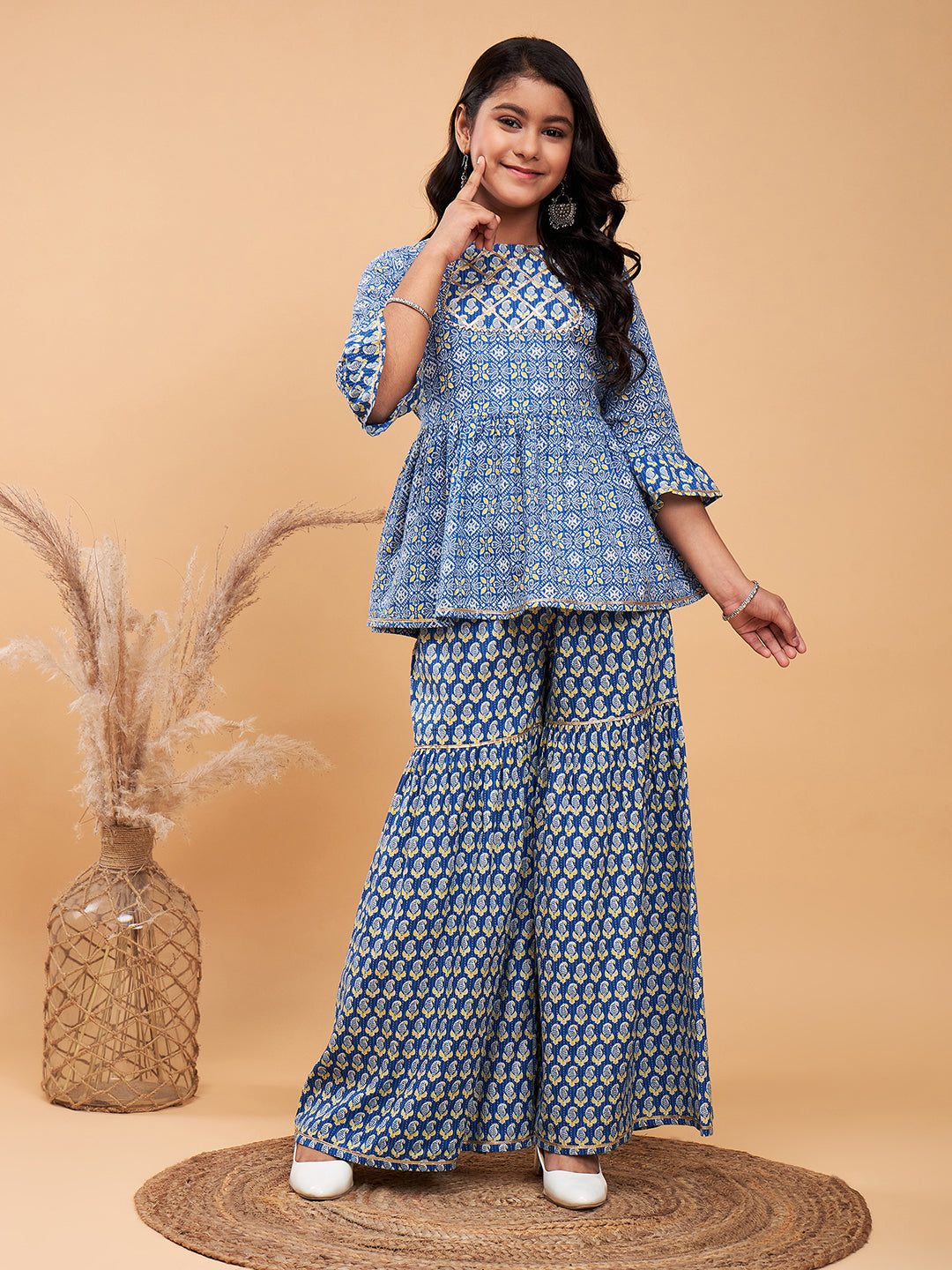 Girls Above Knee Printed Kurti Set - Blue