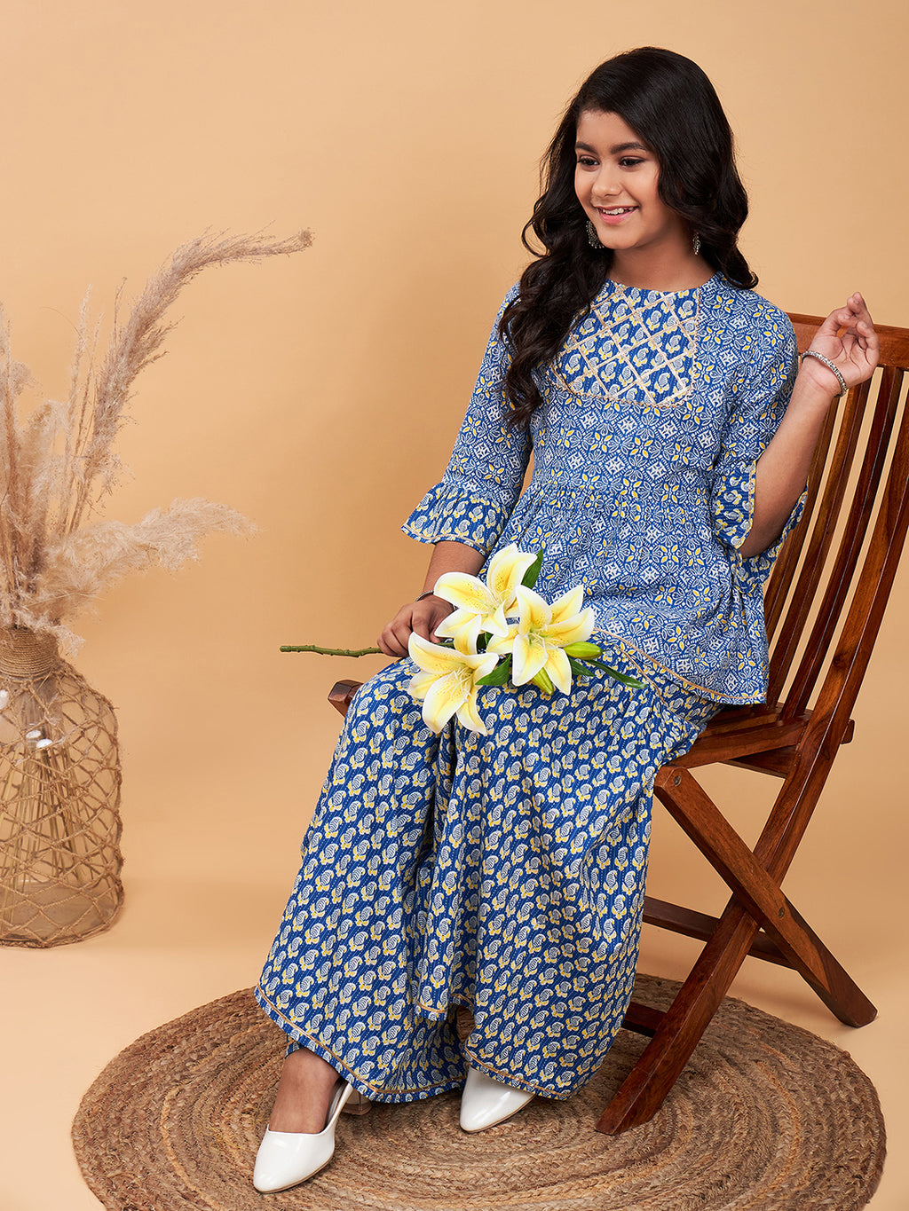 Girls Above Knee Printed Kurti Set - Blue