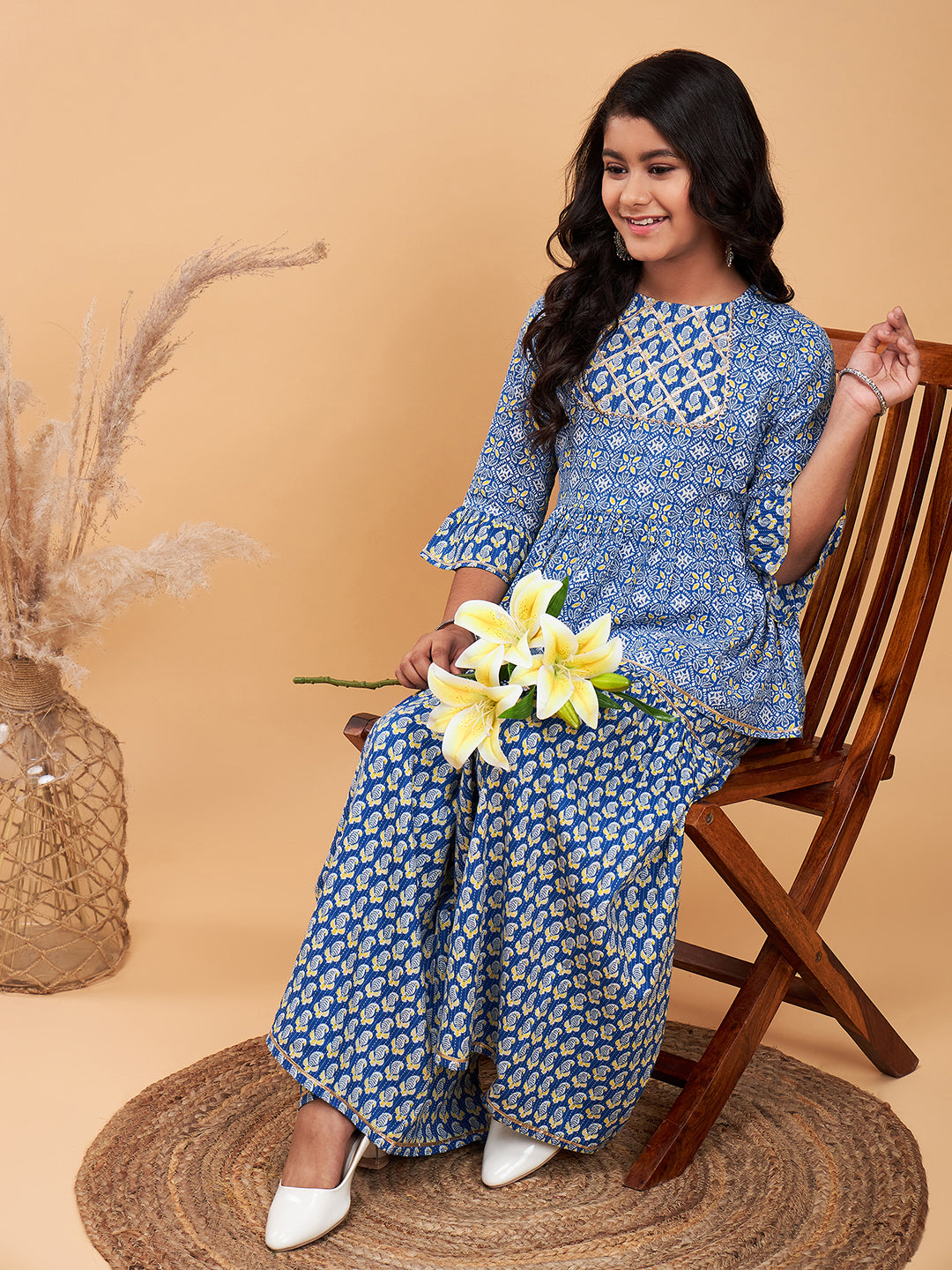 Girls Above Knee Printed Kurti Set - Blue