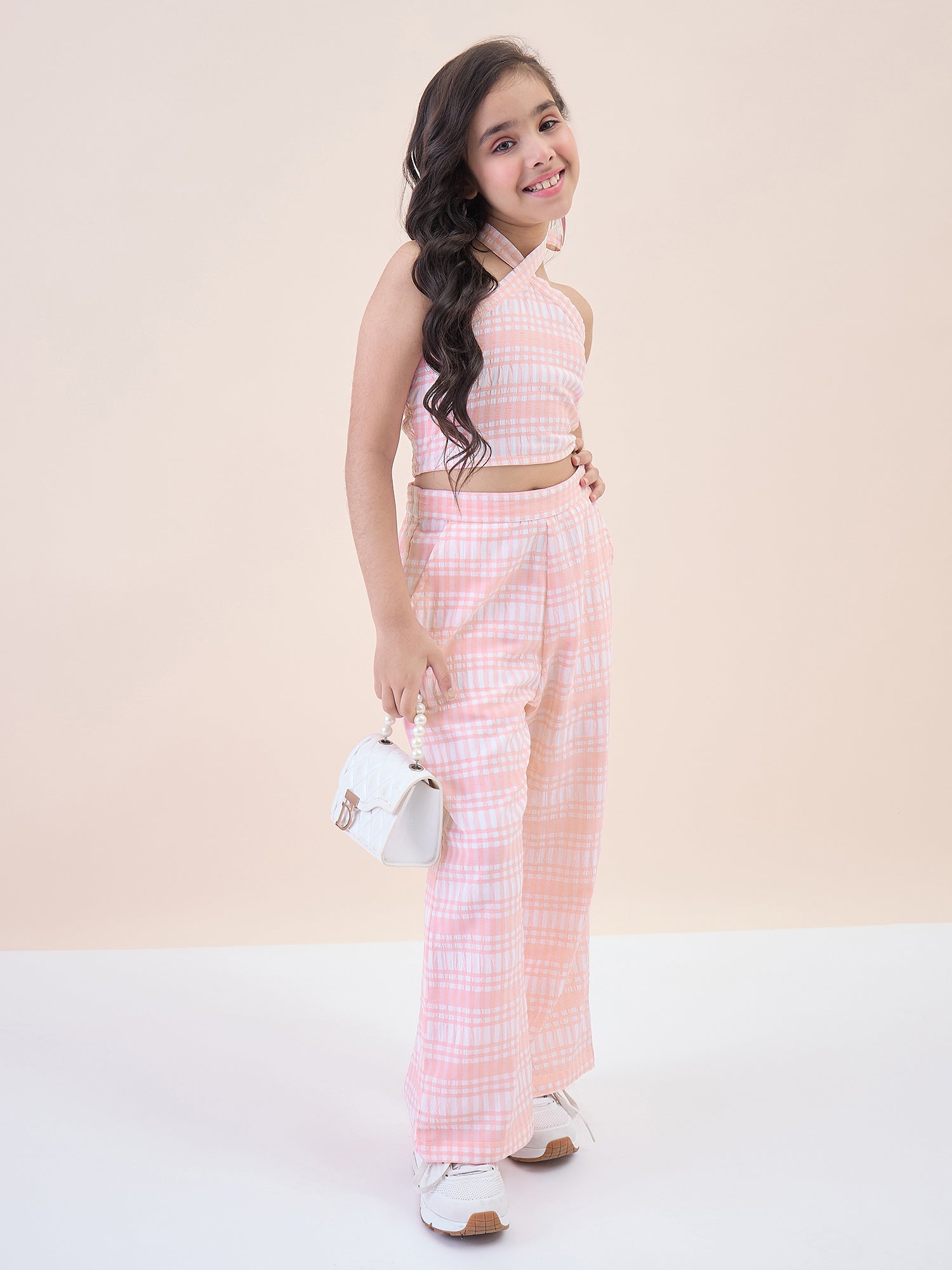 Girls Ankle Length All over Print Top With Pants - Peach