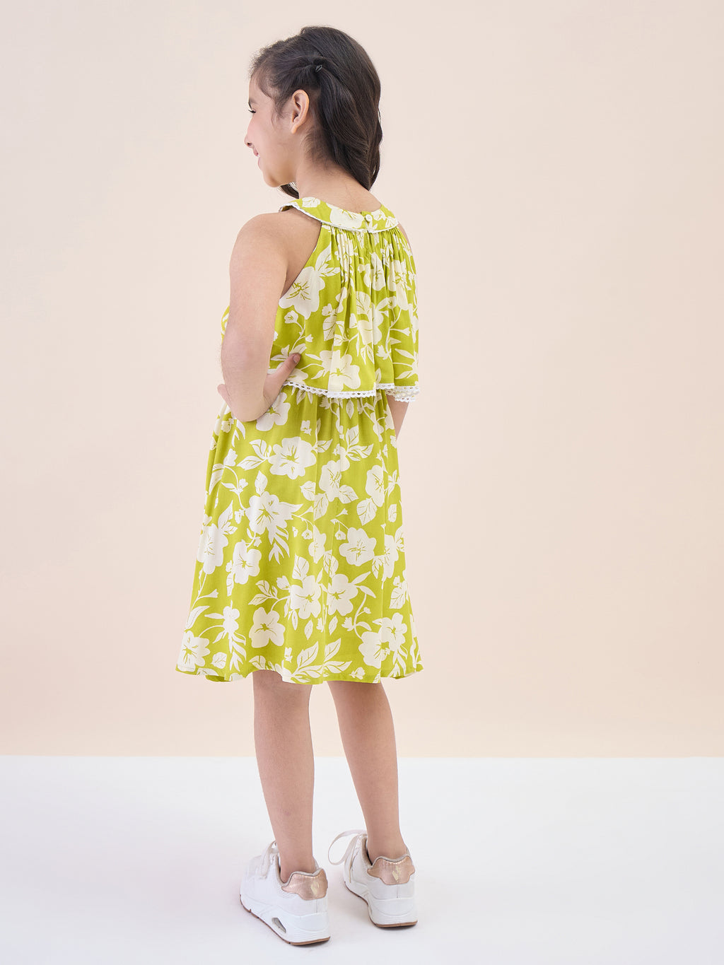 Girls Knee Length All over Print Dress - Green