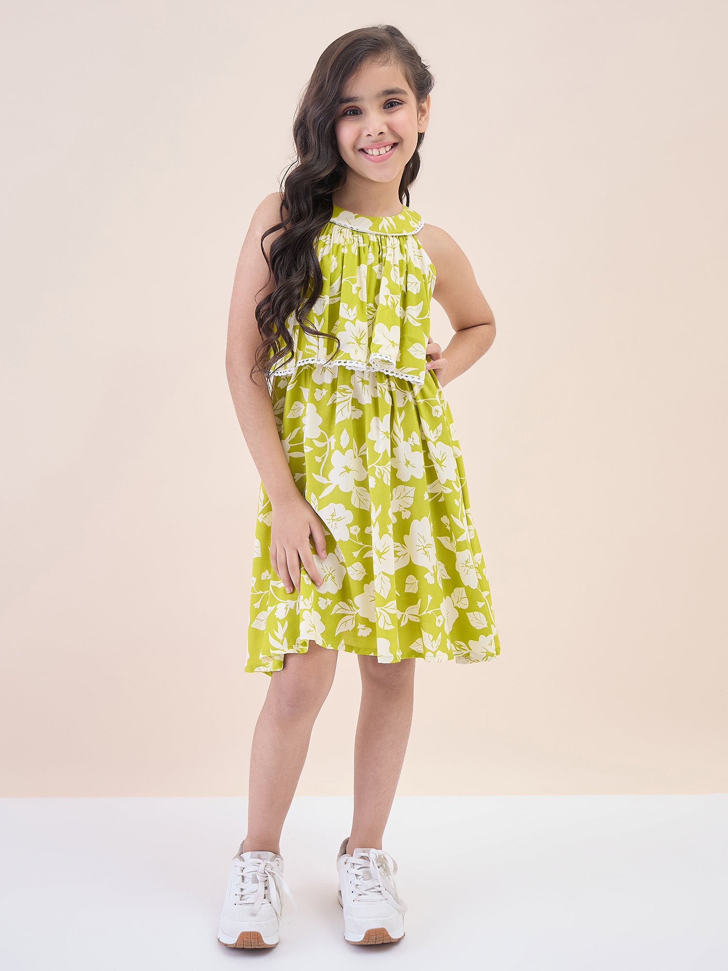 Girls Knee Length All over Print Dress - Green