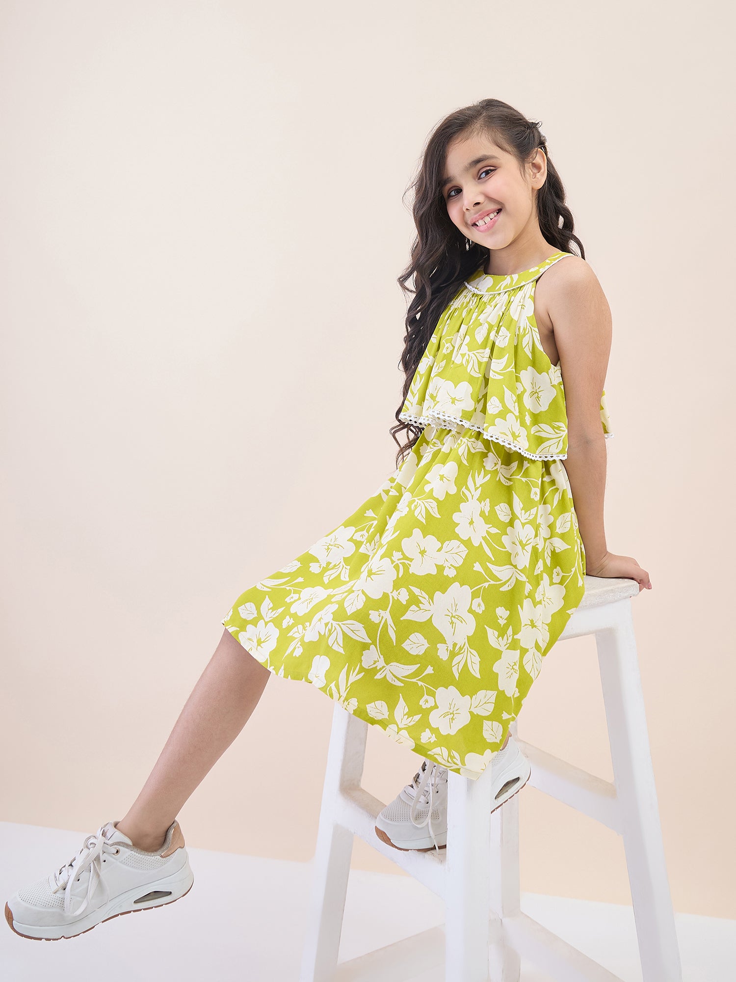 Girls Knee Length All over Print Dress - Green