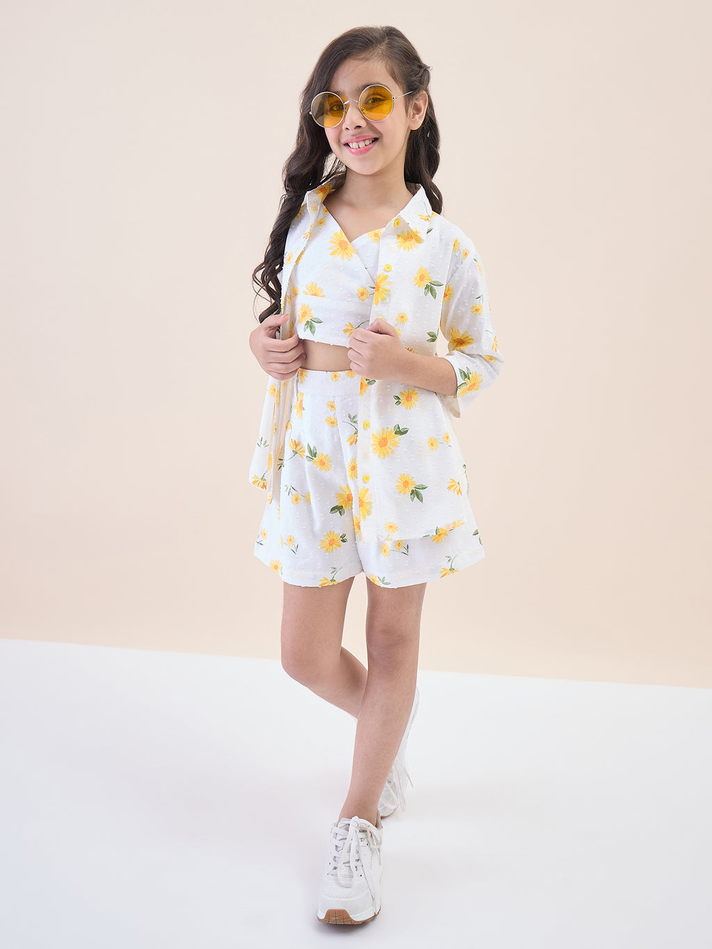 Girls Above Knee All over Print Top with Shorts - Yellow